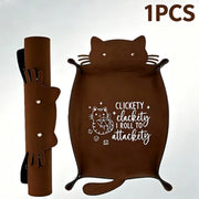 Funny Cat Dice Rolling Tray with Folding Stand - "CLICKETY CLATTERY I ROLL ATTEMPT" Design, PVC Leather Portable RPG Desktop Gam