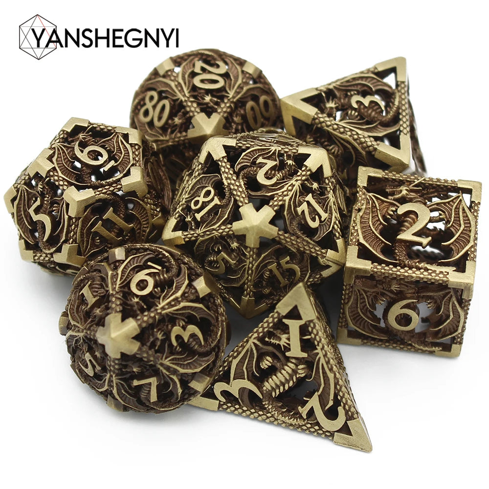 Antique Hollow Metal RPG Dice Set - 7 Piece - Design 5