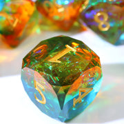 OEM Diamond Cut Sharp Edge Dice Set, 7PCS Custom Aurora Orange Resin RPG Dice with Floating Platinum Foil