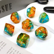 OEM Diamond Cut Sharp Edge Dice Set, 7PCS Custom Aurora Orange Resin RPG Dice with Floating Platinum Foil