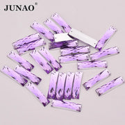 JUNAO 100pcs 7*26mm Clear White Color Sewing Rhinestones Rectangle Crystal Stones Sew On Acrylic Gems For DIY Needlework Crafts