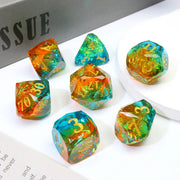 OEM Diamond Cut Sharp Edge Dice Set, 7PCS Custom Aurora Orange Resin RPG Dice with Floating Platinum Foil
