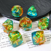 OEM Diamond Cut Sharp Edge Dice Set, 7PCS Custom Aurora Orange Resin RPG Dice with Floating Platinum Foil