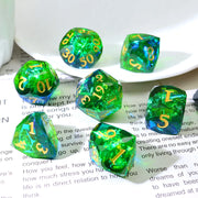 OEM Diamond Cut Sharp Edge Dice Set, 7PCS Custom Aurora Orange Resin RPG Dice with Floating Platinum Foil