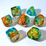 OEM Diamond Cut Sharp Edge Dice Set, 7PCS Custom Aurora Orange Resin RPG Dice with Floating Platinum Foil