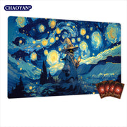 Van Gogh Style Cute Wizard TCG Playmat Magic Card Mat Stitched Edge Non-Slip Durable Tabletop Playmat Board Game Mat for TCG
