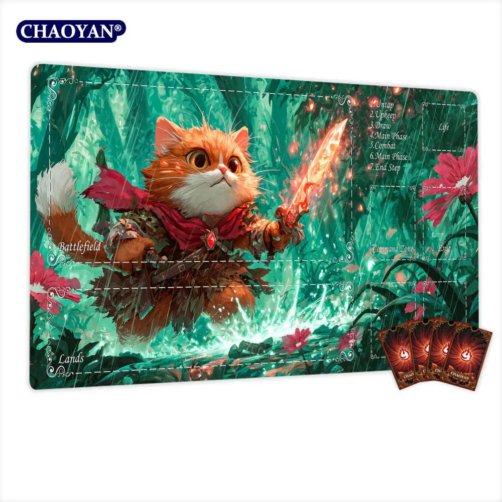 Flame Sword and Orange Cat TCG Playmat Magic Card Battle Mat Non-Slip Durable 35X60CM Commander playmat Board Game Mat for TCG