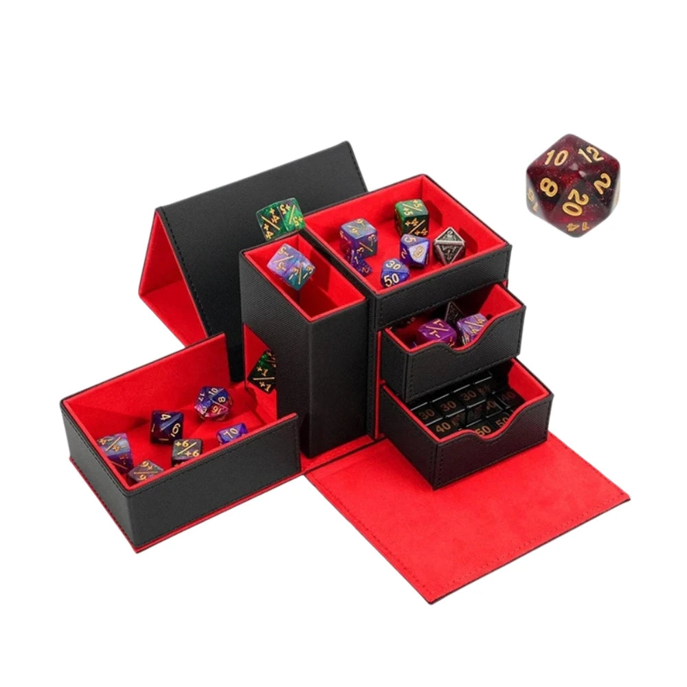 3-in-1 PU Leather Dice Tower & Storage Box with Drawers for Tabletop RPG