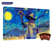 Van Gogh Style Cute Wizard TCG Playmat Magic Card Mat Stitched Edge Non-Slip Durable Tabletop Playmat Board Game Mat for TCG