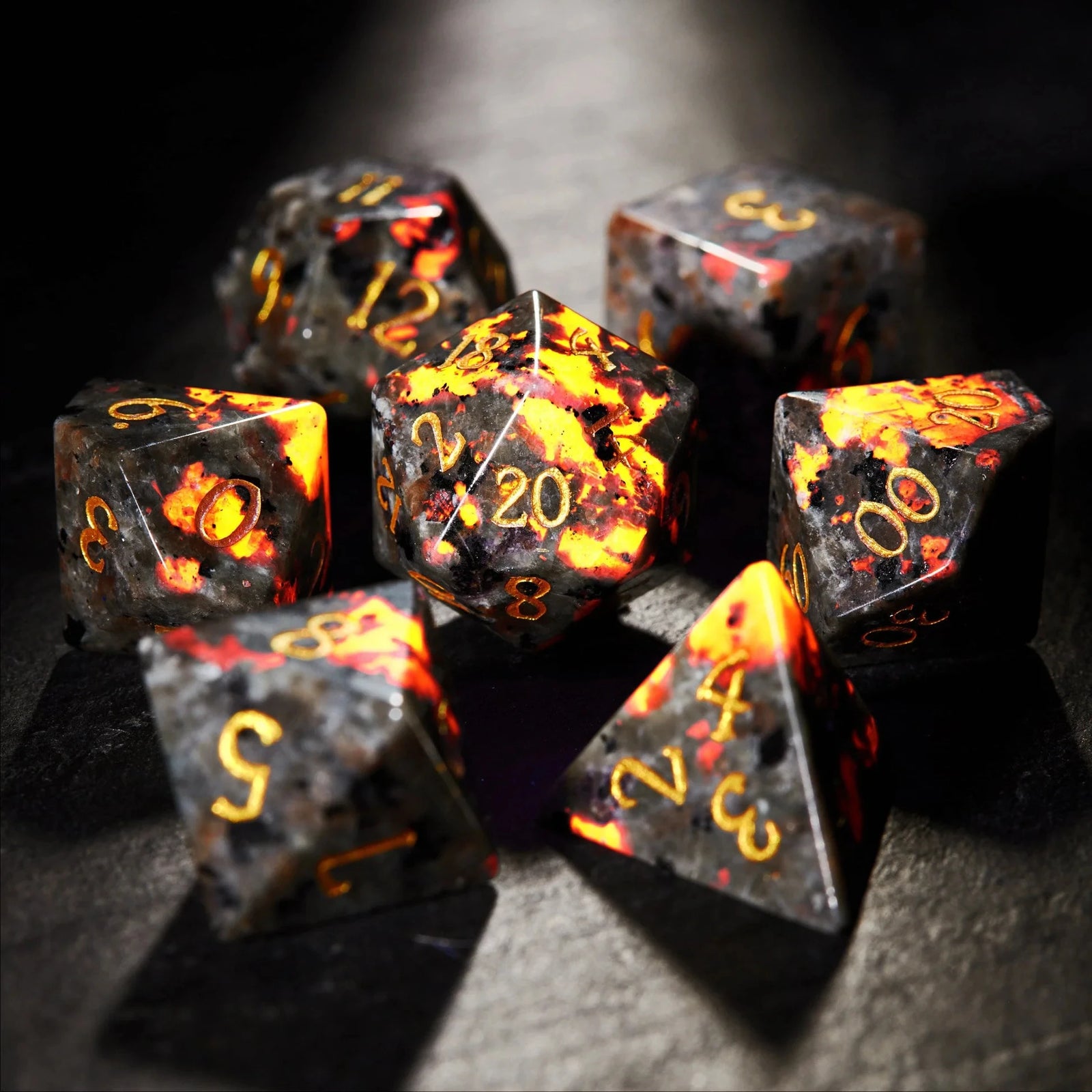 7pcs DND Flame Stone Gemstone Dice Volcanic Rock Dice Set Multi-sided Polyhedral Dice for D&D Game COC Role Playing RPG Table