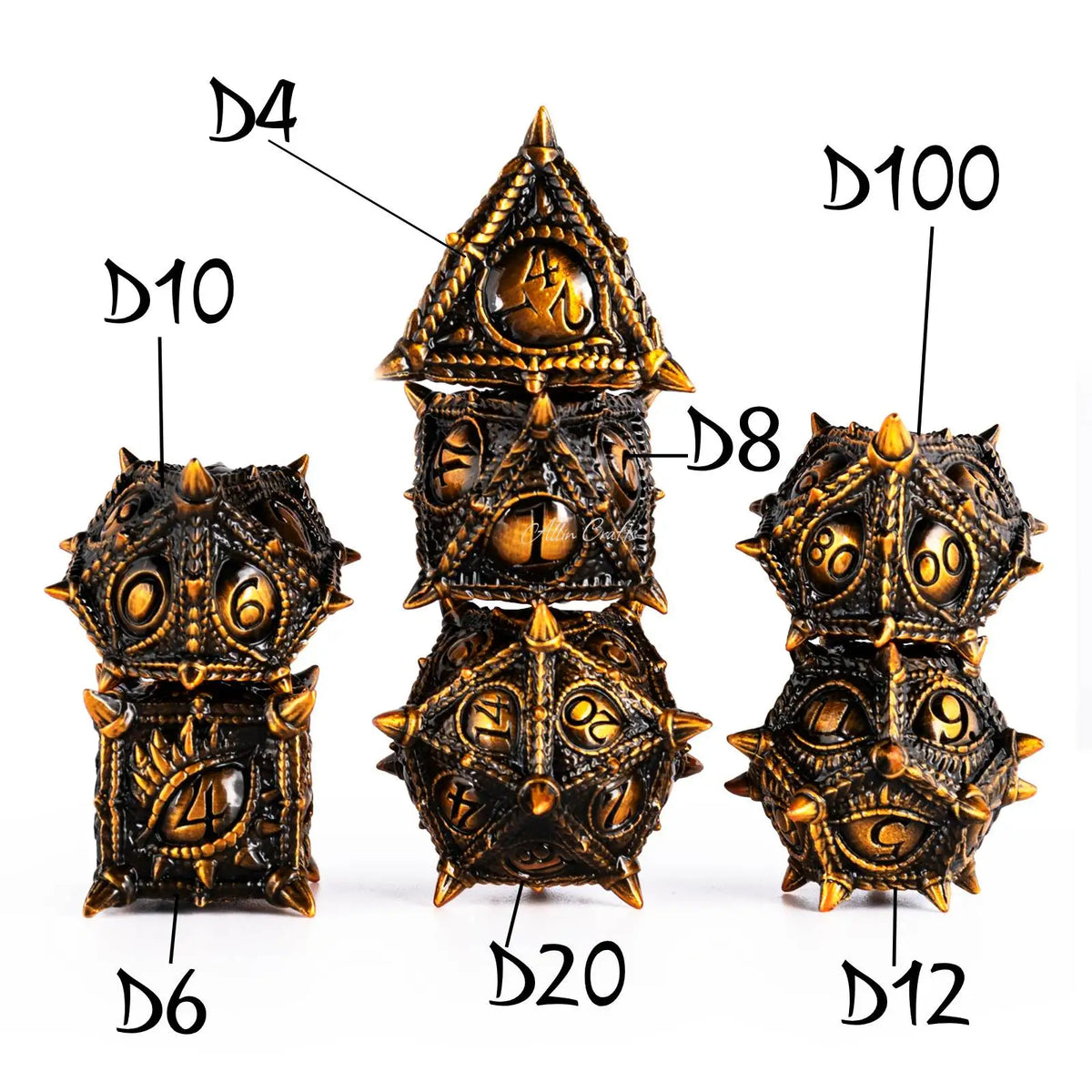 Gold Dragon Metal RPG Dice Set - Design 2