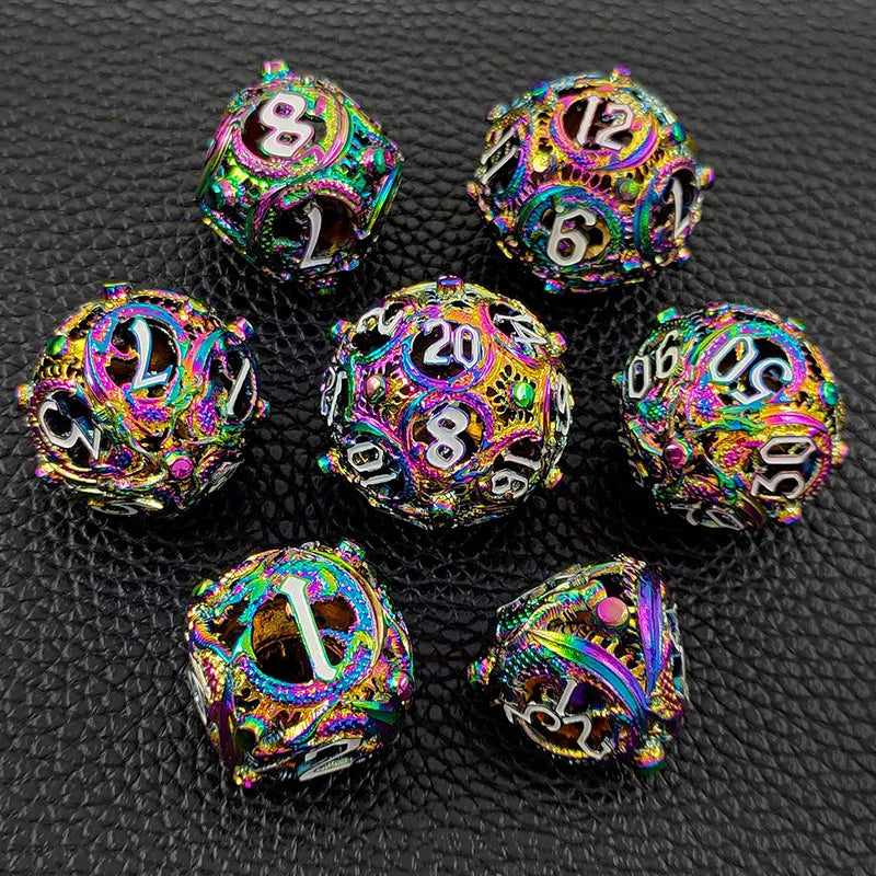 Antique Hollow Metal RPG Dice Set - 7 Piece - Design 4