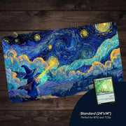 Van Gogh Style Cute Wizard TCG Playmat Magic Card Mat Stitched Edge Non-Slip Durable Tabletop Playmat Board Game Mat for TCG