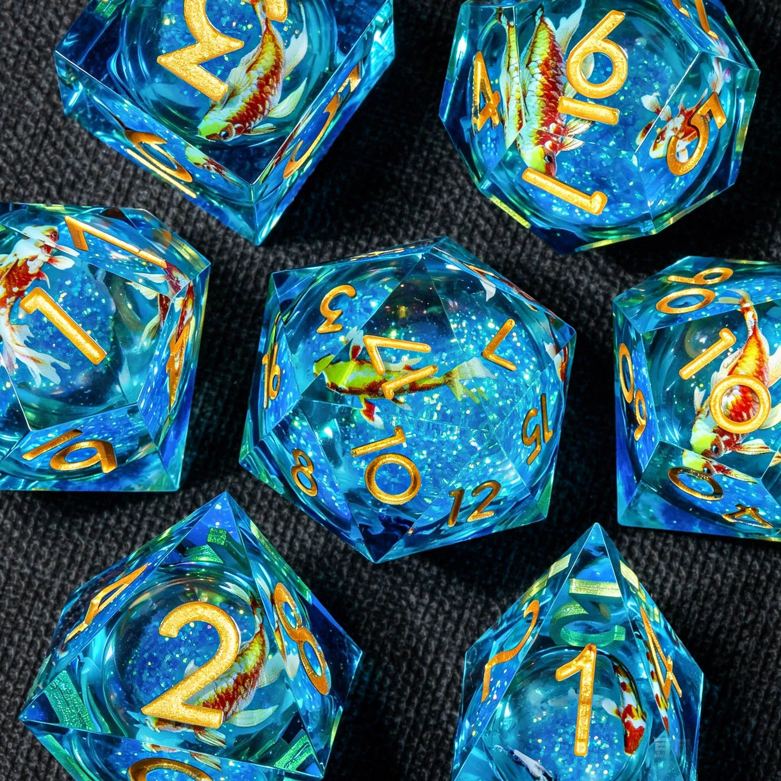 Blue Liquid Core Resin Polyhedral RPG Dice Set - Design 2