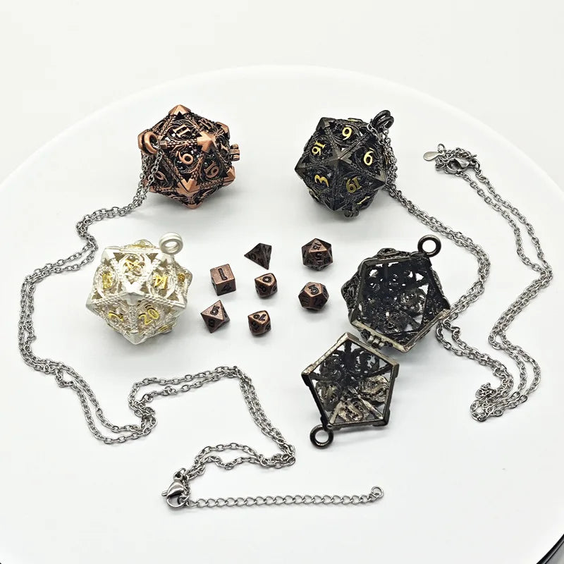 Antique Hollow Metal RPG Dice Set - 7 Piece - Design 2