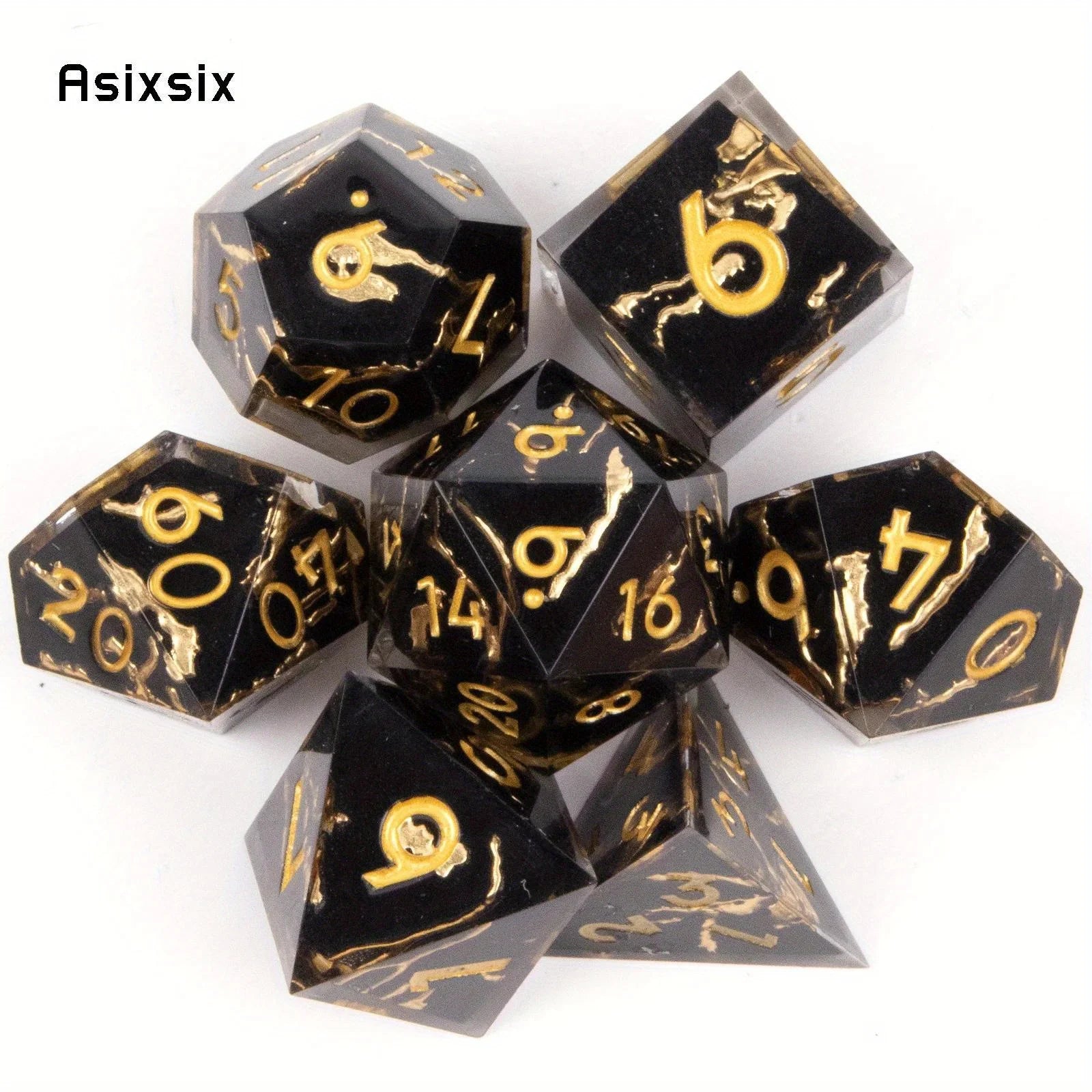 7 Pcs Black Golden Stripe Resin Golden Number Sharp Edge Dice Polyhedral Dice Suitable for Role-Playing RPG Board Game