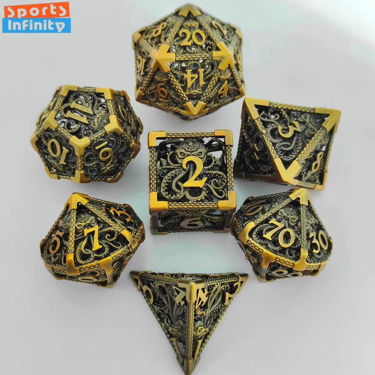 Antique Hollow Metal RPG Dice Set - 7 Piece - Design 4