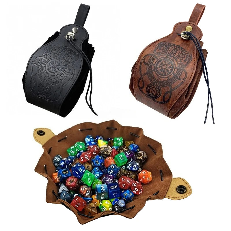 Brown and black medieval dice bags shown open as a rolling tray