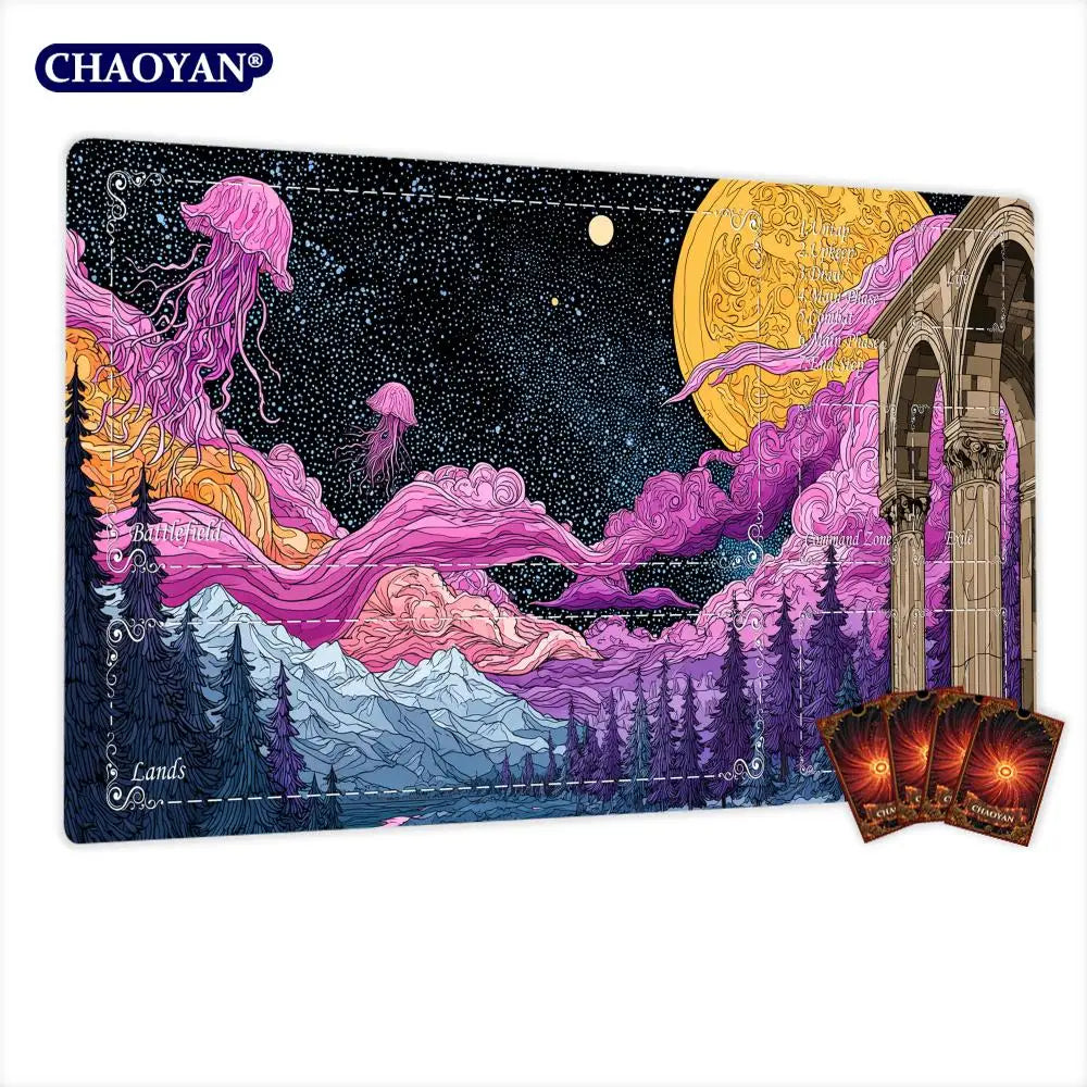 Full moon and jellyfish MTG Playmat Magic Card Mat with Stitched Edge Non-Slip Durable Tabletop playmat Board Game Mat for TCG