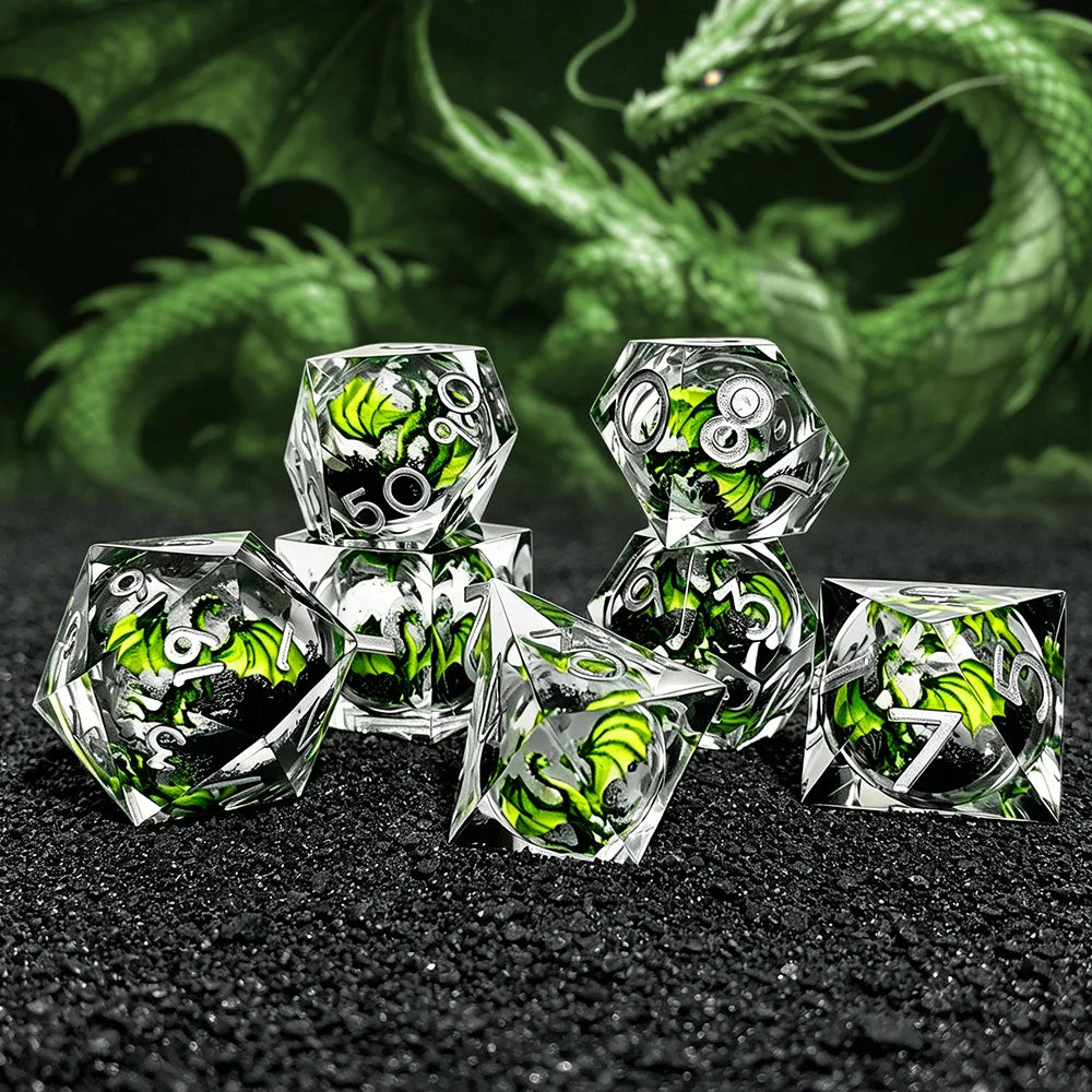 Green Sharp Edge Resin Polyhedral RPG Dice Set - 7 Piece - Design 2