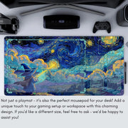 Van Gogh Style Cute Wizard TCG Playmat Magic Card Mat Stitched Edge Non-Slip Durable Tabletop Playmat Board Game Mat for TCG