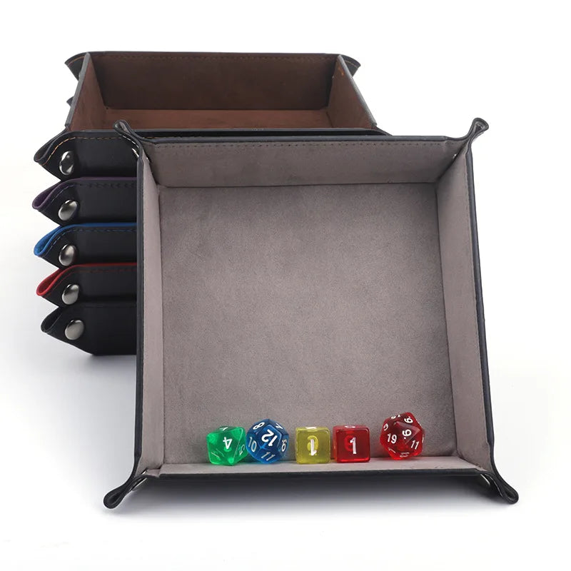 Black fold-flat rectangular dice and coin tray