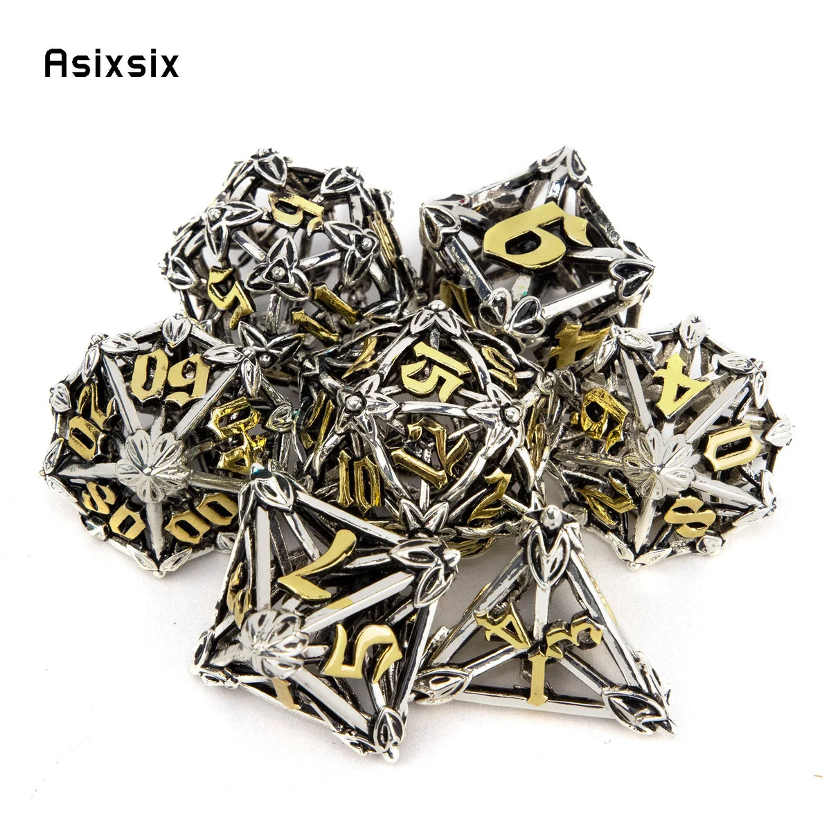 White Floral Metal RPG Dice Set - 7 Piece
