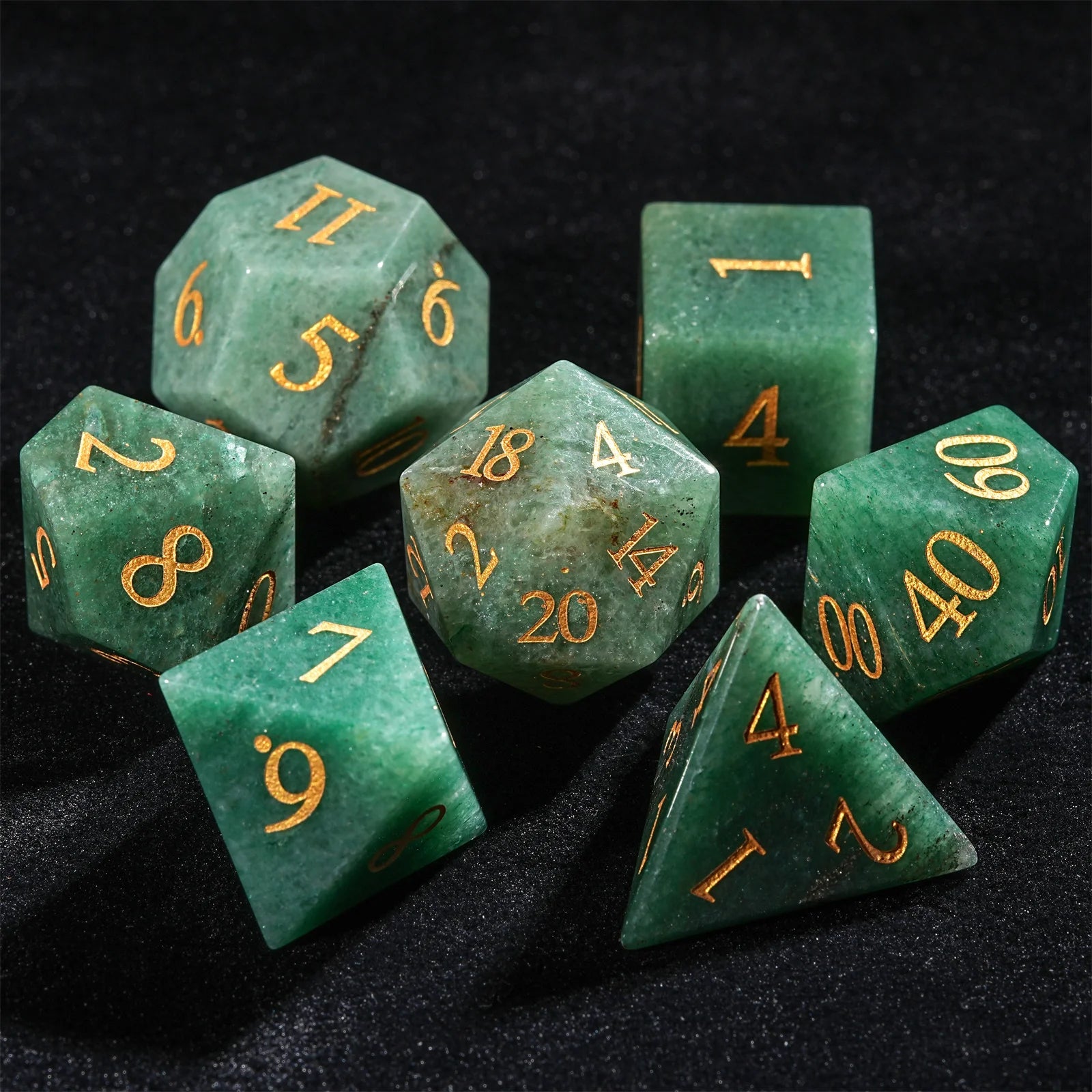 7Pcs DND Dice Green Aventurine Gemstone Dice Golden Word Dice Set Multi-sided Polyhedral Dice for D&D COC Role RPG Table Game
