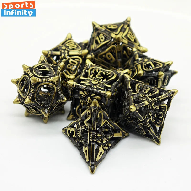 Antique Hollow Metal RPG Dice Set - 7 Piece - Design 5