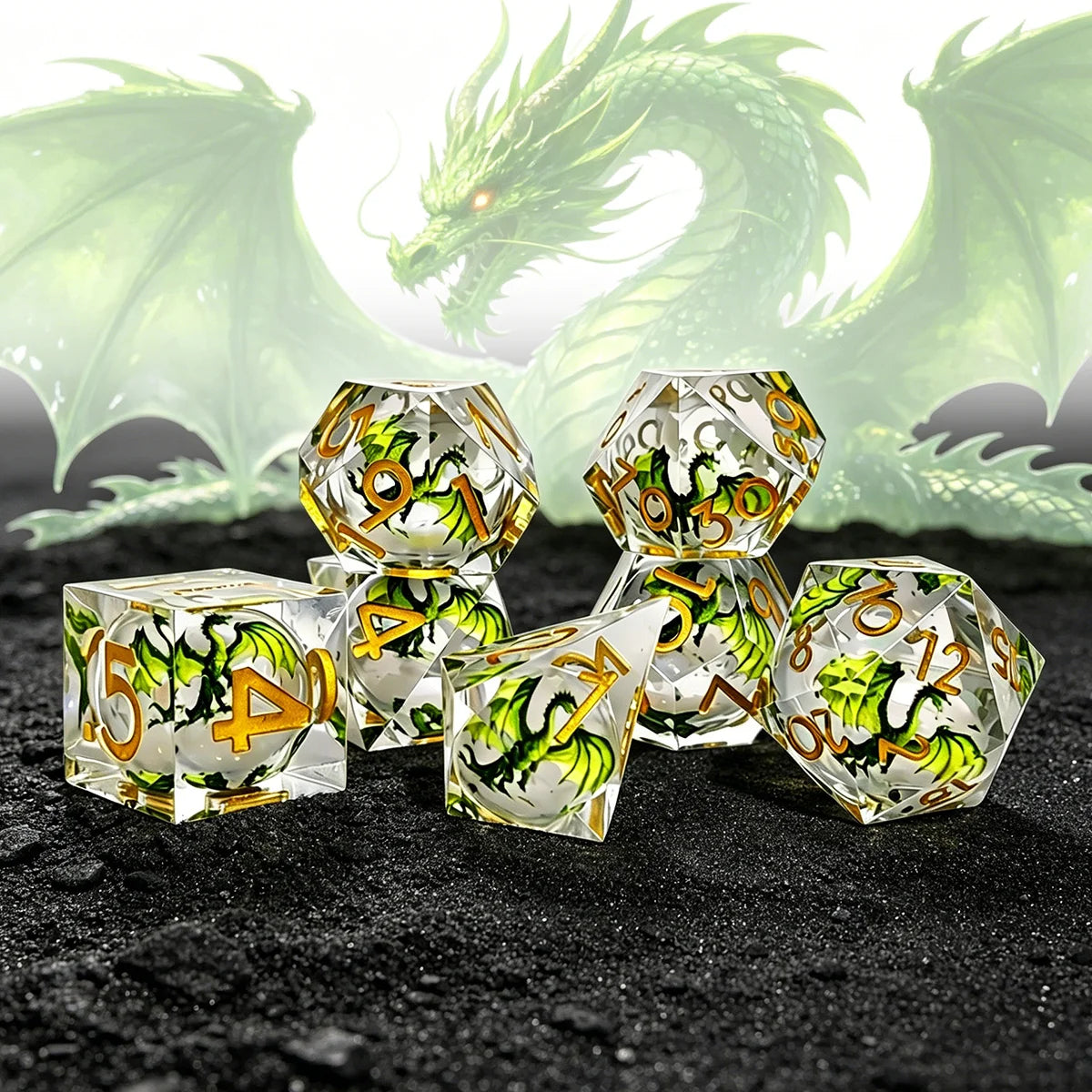 Green Sharp Edge Metal RPG Dice Set - 7 Piece