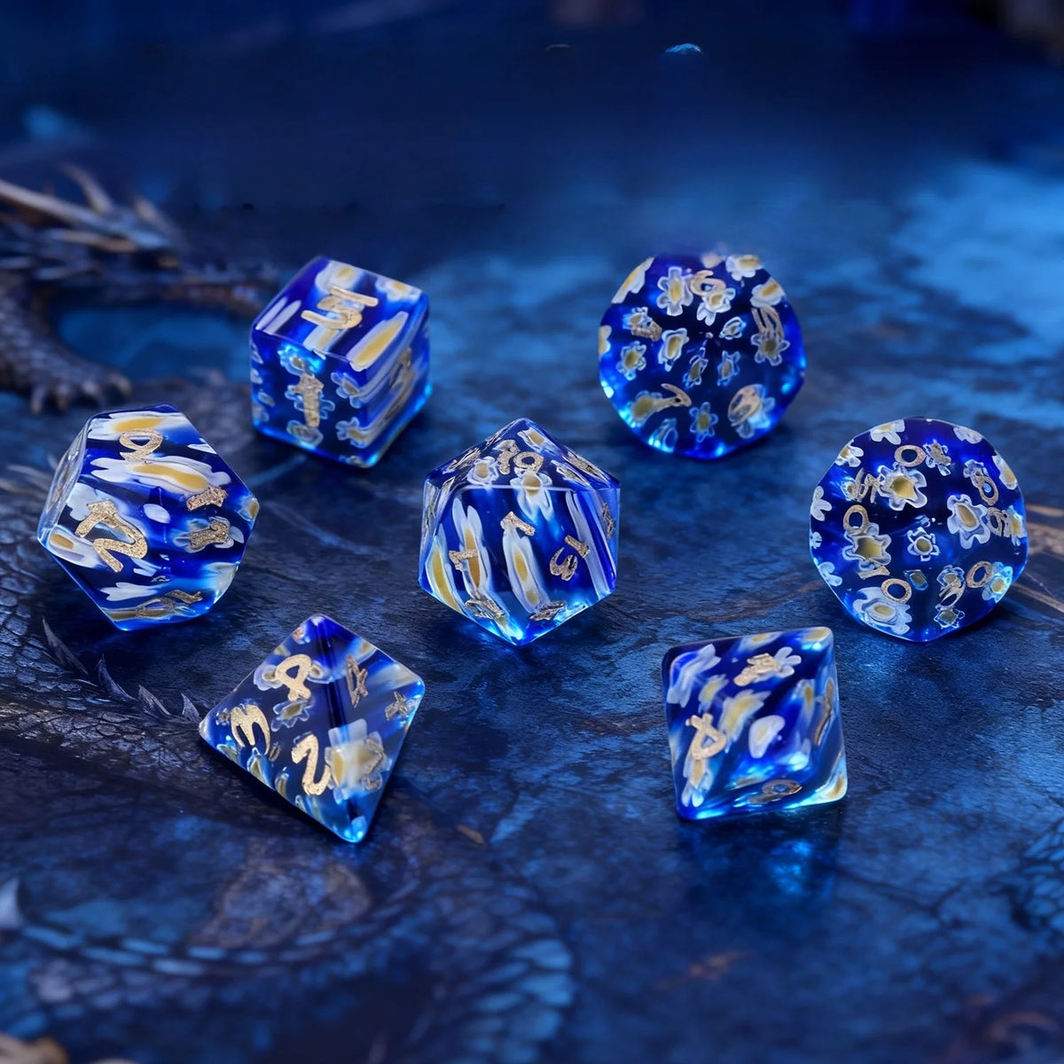 Blue Lapis Lazuli Floral RPG Dice Set
