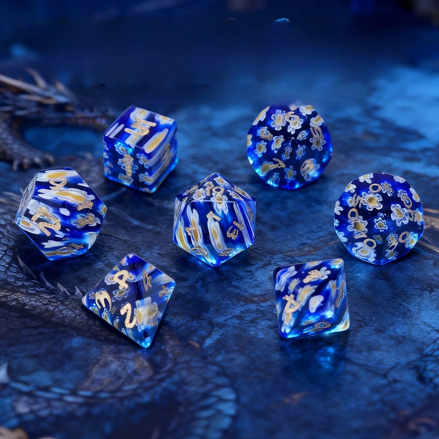 Blue Lapis Lazuli Floral RPG Dice Set