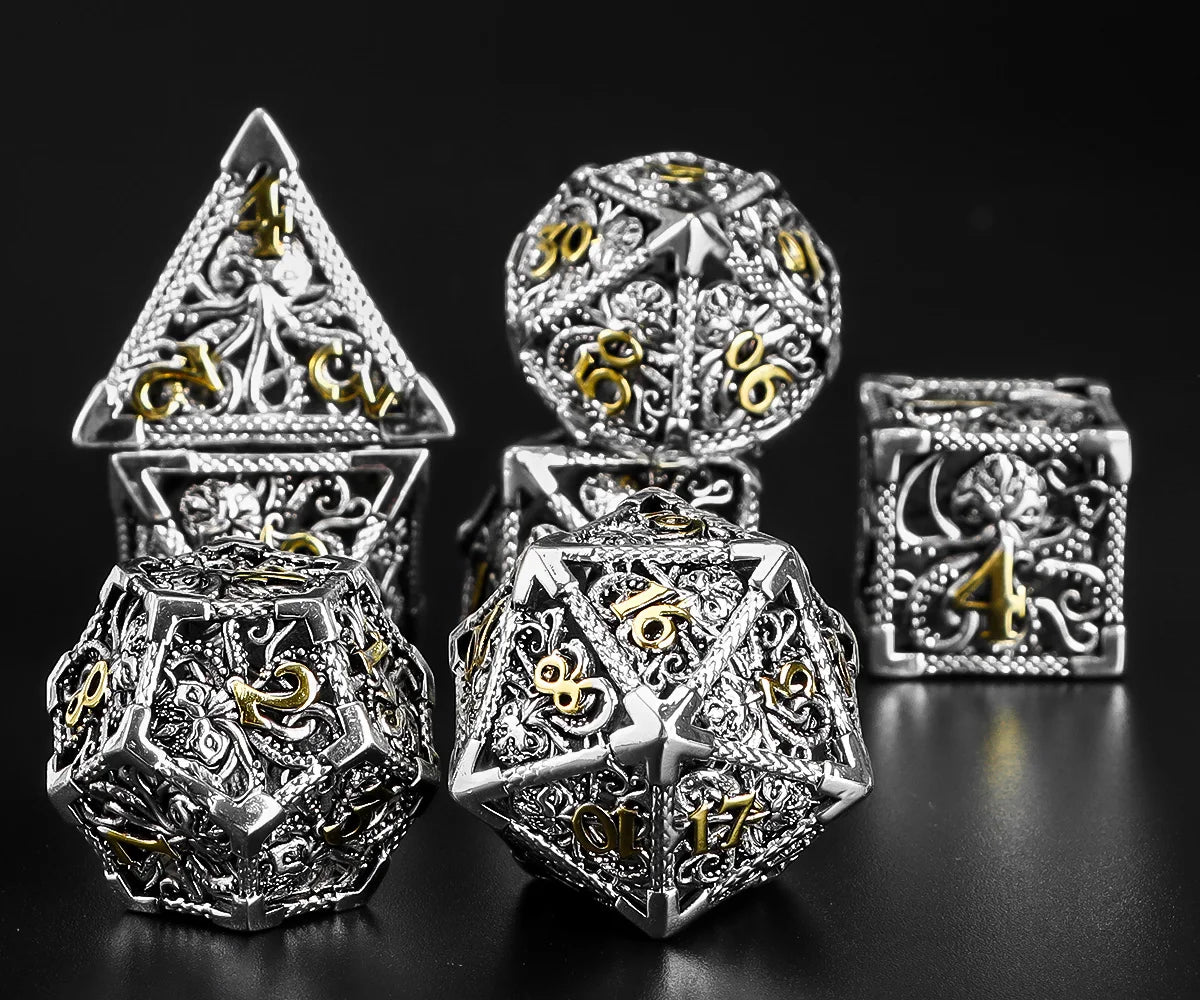 Antique Hollow Metal RPG Dice Set - Design 11