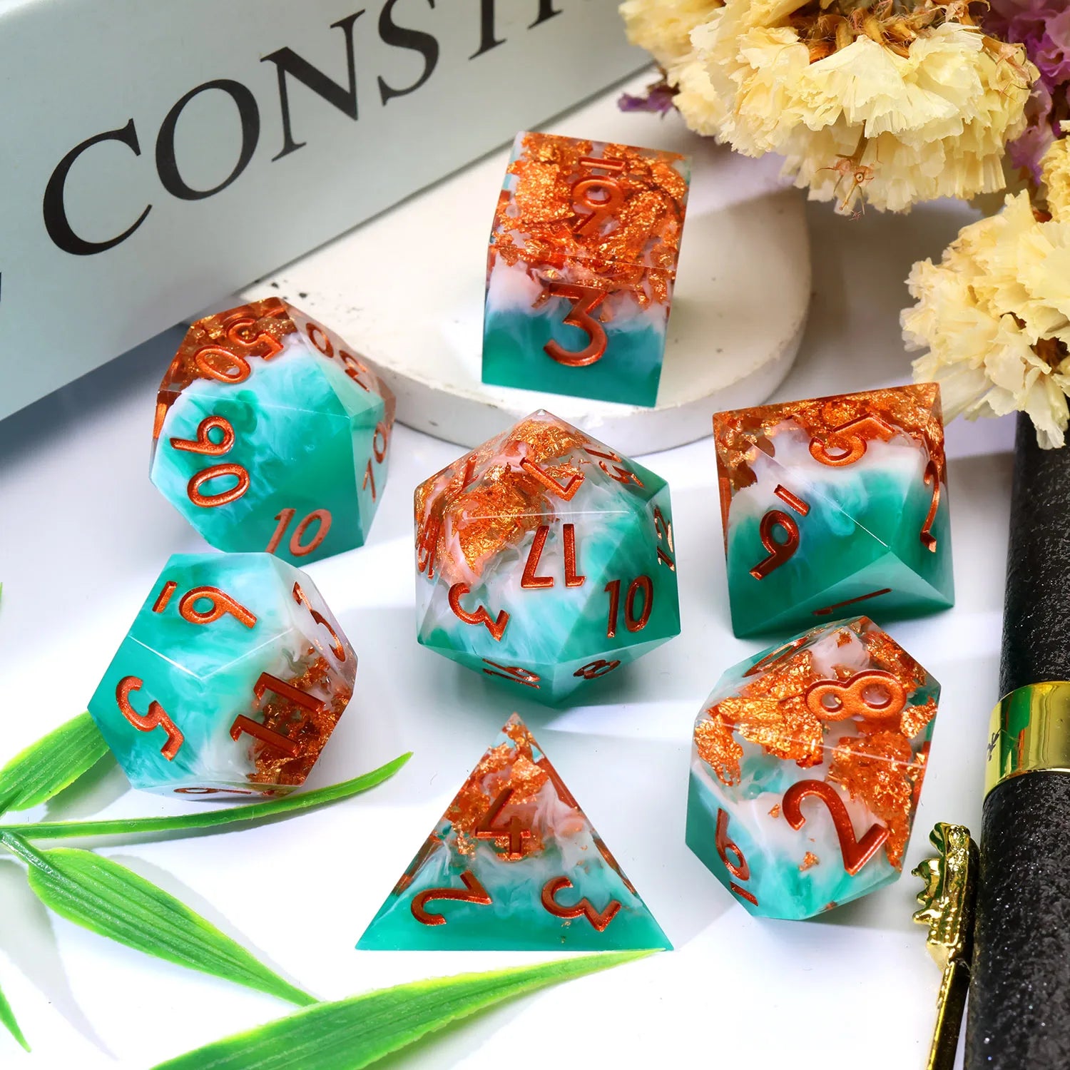 Green Sharp Edge Resin Polyhedral RPG Dice Set - Design 2