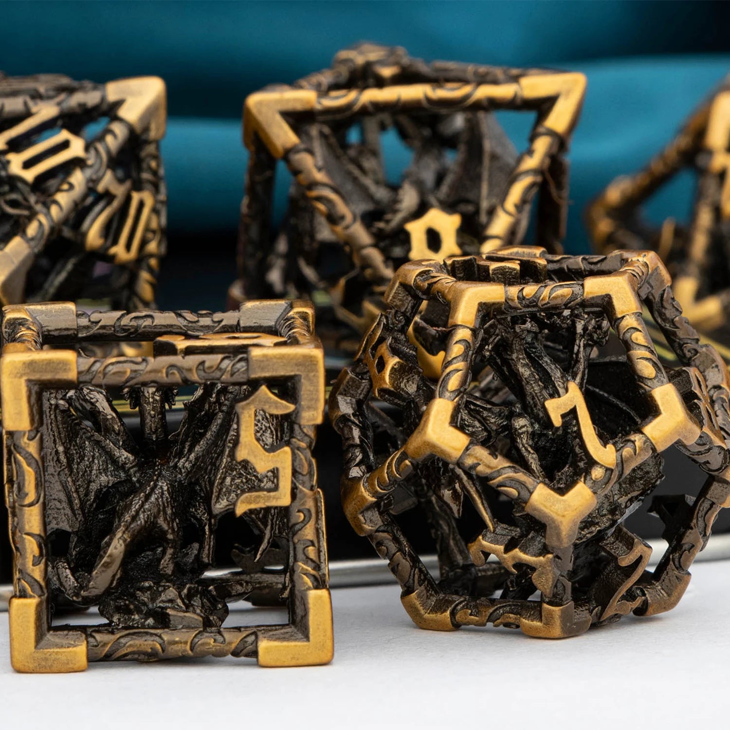 Gold Dragon Metal RPG Dice Set - Design 6