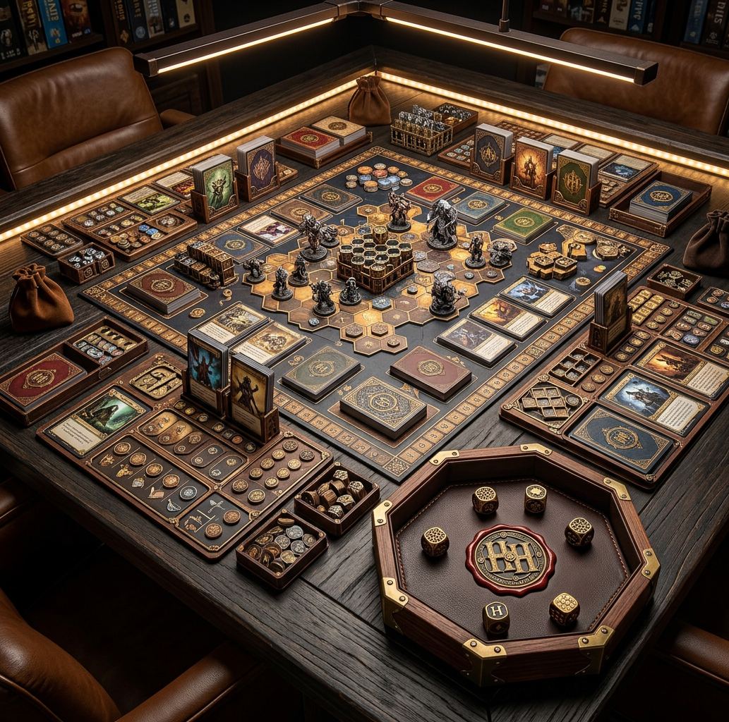 A fully organised HexHoard game table with branded dice tray and accessories